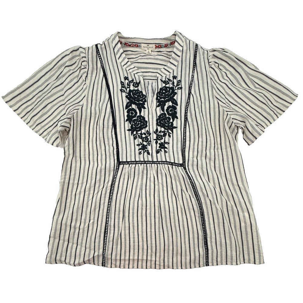 Mason Belle L Boho Embroidered Blouse Cream Stripe Short Sleeve Top
